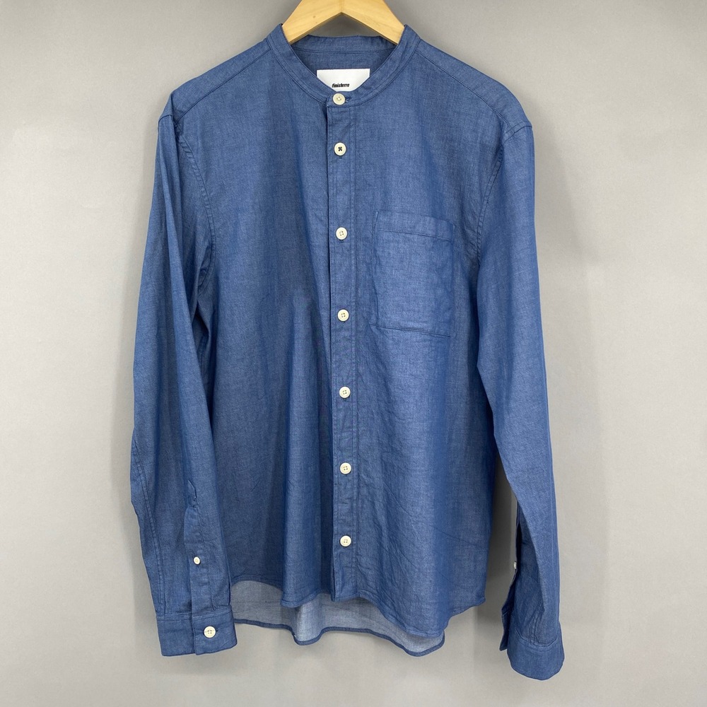 Finisterre Grandad Collar Chambray Shirt Mens Size M Blue Long Sleeve Portugal